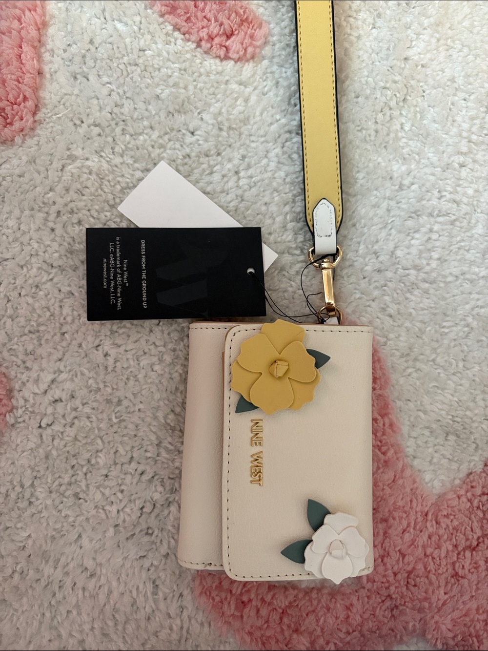 Nine West Cream Card Holder Wristlet with Yellow Strap and Floral Appliqués